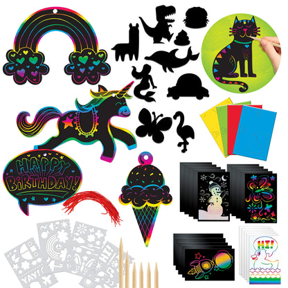 Scratch Paper Arts and Crafts Kit for Kids Gifts Age 6-12, Rainbow Scratch Art Set Includes Scratch Board, Stylus, Ornaments, Frames for Boys & Girls Birthday, Holiday Party Favors