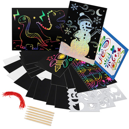 Scratch Paper Arts and Crafts Kit for Kids Gifts Age 6-12, Rainbow Scratch Art Set Includes Scratch Board, Stylus, Ornaments, Frames for Boys & Girls Birthday, Holiday Party Favors