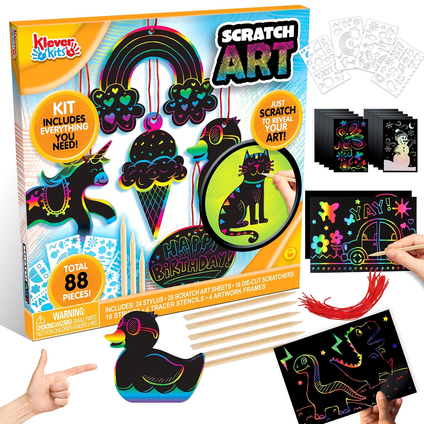 Scratch Paper Arts and Crafts Kit for Kids Gifts Age 6-12, Rainbow Scratch Art Set Includes Scratch Board, Stylus, Ornaments, Frames for Boys & Girls Birthday, Holiday Party Favors