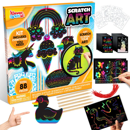 Scratch Paper Arts and Crafts Kit for Kids Gifts Age 6-12, Rainbow Scratch Art Set Includes Scratch Board, Stylus, Ornaments, Frames for Boys & Girls Birthday, Holiday Party Favors